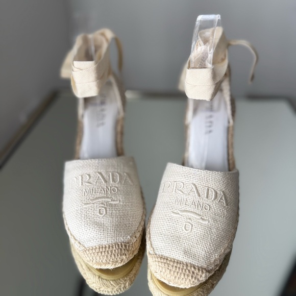 New Prada Linen Espadrille Wedge Sandals 37